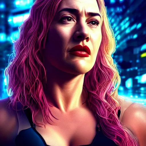 Image similar to kate winslet portrait, cyberpunk 2 0 7 7, cyberpunk judy alvarez, photorealistic, ultra detailed, neon, octane, bokeh, cinematic lighting, cyber, cyberpunk city, studio quality, feature, scars, cyberface, 8 k