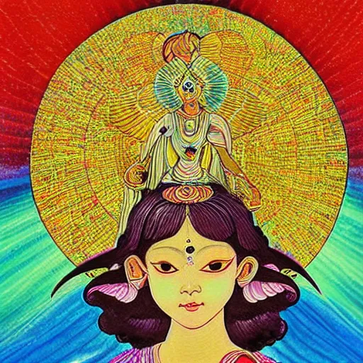 Image similar to Sri lankan girl as a winged angel covered in eyes with glowing halo, iridescent, seraphim, art by Hideyuki Kikuchi,