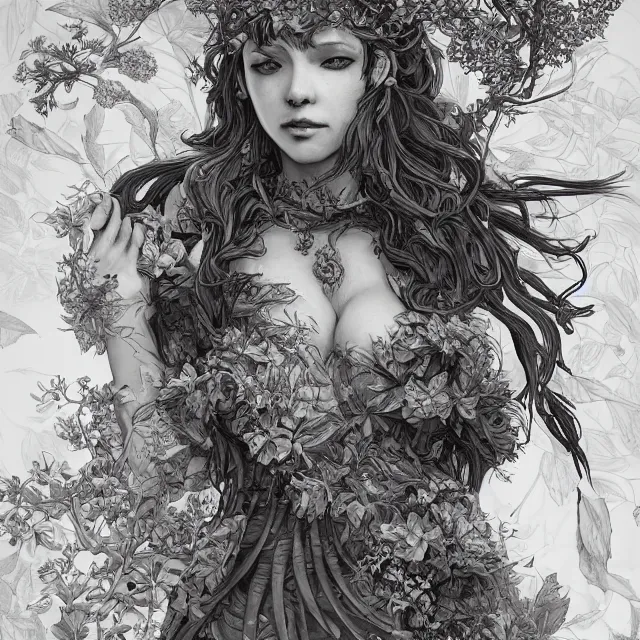 Image similar to the portrait of chaotic good female druid botanist as absurdly beautiful, gorgeous, elegant, young gravure idol, an ultrafine hyperdetailed illustration by kim jung gi, irakli nadar, intricate linework, sharp focus, bright colors, octopath traveler, final fantasy, unreal engine 5 highly rendered, global illumination, radiant light, detailed and intricate environment