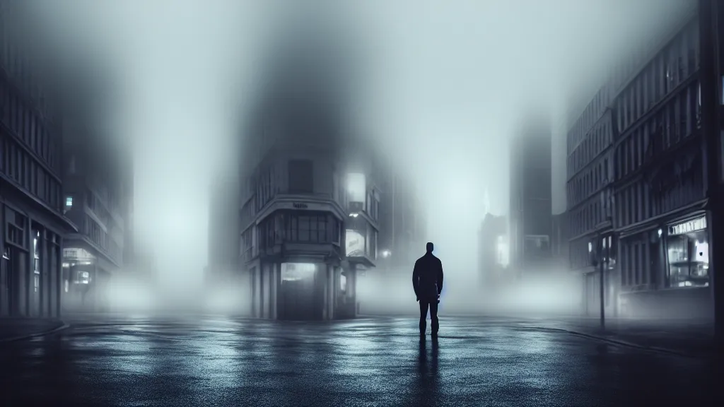 Image similar to a close portrait of a man with a street in the background, fog, volumetric lighting, mystique, atmospheric, sharp focus, ultra detailed, noir art house, 4 k, cinematic, 3 5 mm