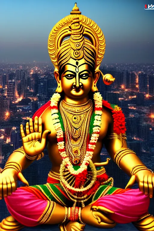 Prompt: high quality 3 d render ultra realistic mischievous hindu god lord krishna sitting, gold madhubani, highly detailed, stunning!! mumbai in the background, unreal engine cinematic smooth, szukalski, moody light, low angle, uhd 8 k, sharp focus