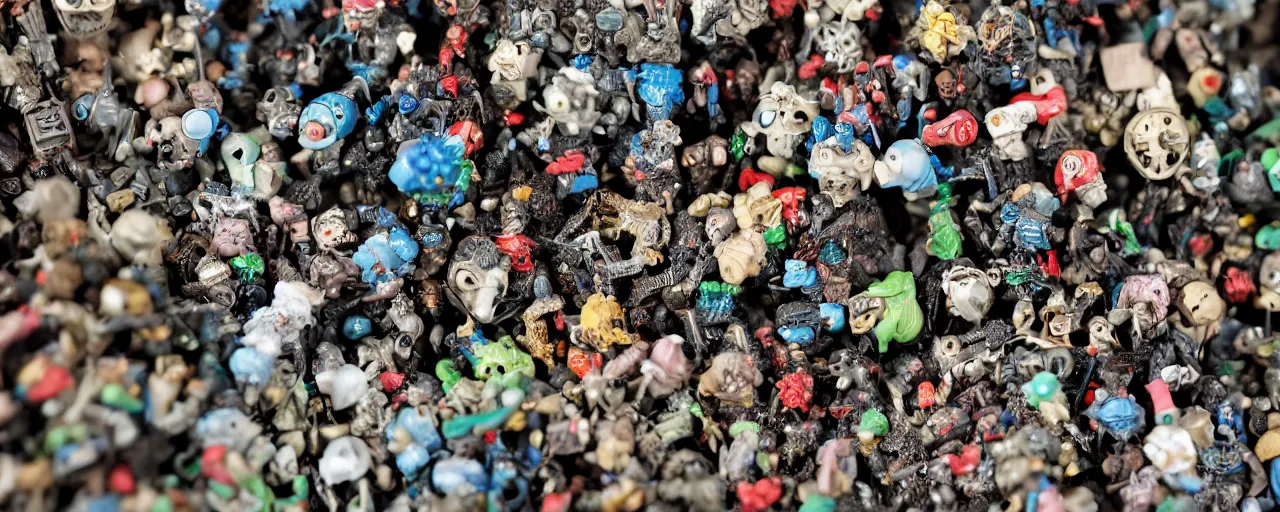 Image similar to a close up of a piece of plastiglomerate made from warhammer figures and korean beauty face masks, photographic, highly detailed