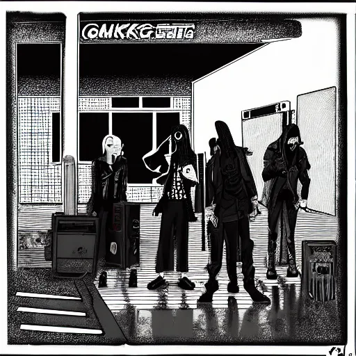 Prompt: “ group of goth punks smoking cigarettes sitting on car at an abandoned 7 - eleven convenience store, apocalyptic, photorealism, cel shading ”