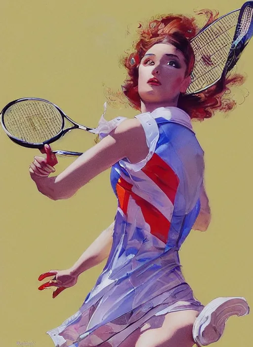 Prompt: a copic maker art nouveau portrait of a russian beautiful girl playing tennis at high speed wearing a futuristic anorak designed by balenciaga by john berkey norman rockwell