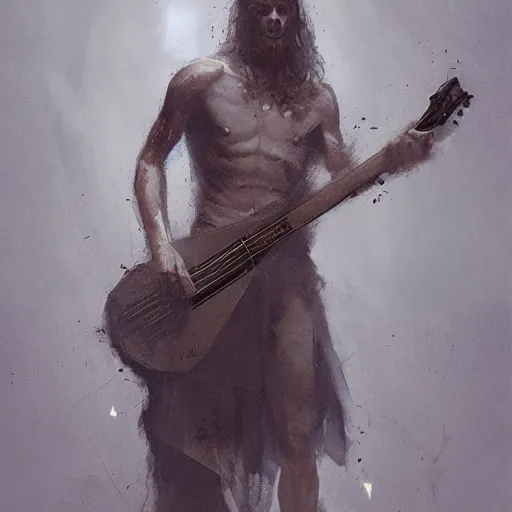 Image similar to v shape guitar in hand of man by greg rutkowski