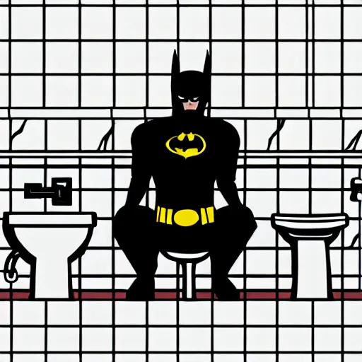 Image similar to low dutch angle shot of constipated batman sitting on a toilet with pants down, sweating, tiny room with dirty wall tiles, comic digital art, by tony daniel, super detailed, 4 k, artistic