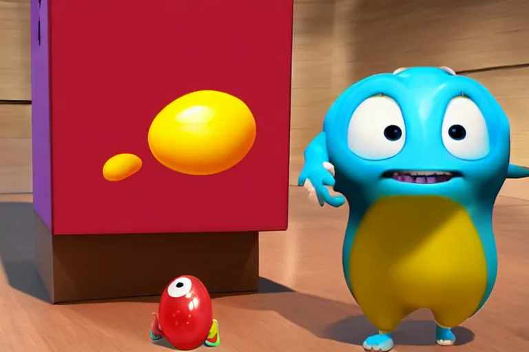 Image similar to an anthropomorphic jelly bean, moving a box, pixar