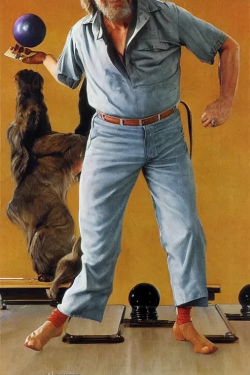 Image similar to Jeff Bridges from the movie The big Lebowski playing bowling painted by Norman Rockwell