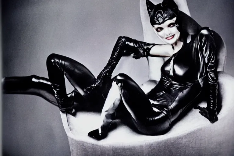 Prompt: publicity photograph of Michelle Pfeiffer as Catwoman on a long chair