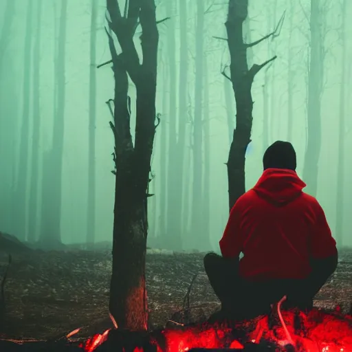 Prompt: a dark photo of a man in a red hoodie sitting next to a campfire in a dark red forest, night time, red sun in the background, low contrast