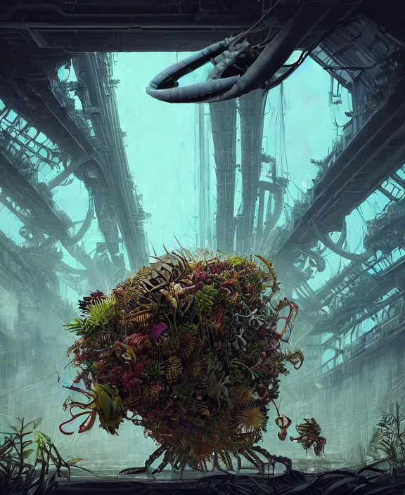 Image similar to a giant weird industrial plant made out of isopod dragonflies, in the style of a strange asymmetrical spaceship, overgrown with disturbing orchids, partly cloudy, somber, dramatic lighting, by dan mumford, yusuke murata, makoto shinkai, ross tran, cinematic, unreal engine, cel shaded, featured on artstation, pixiv