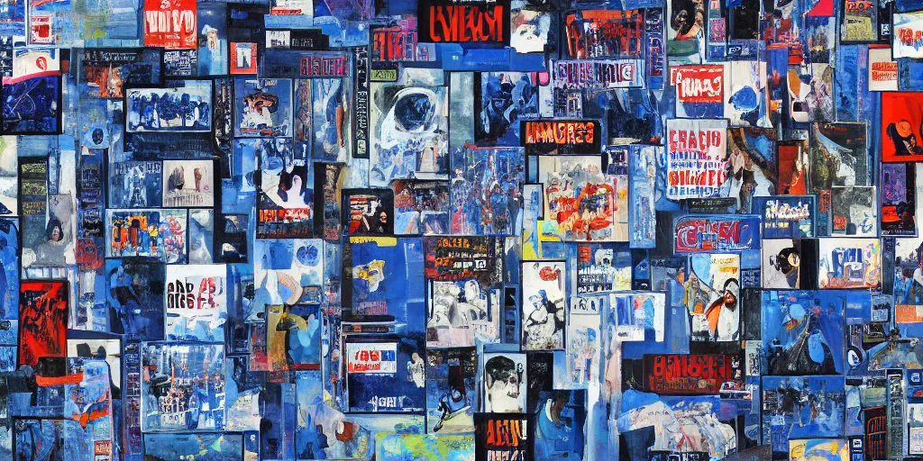 Prompt: oil painting of large overlapping tv show posters on a wall, blue, messy, highly detailed, stylized