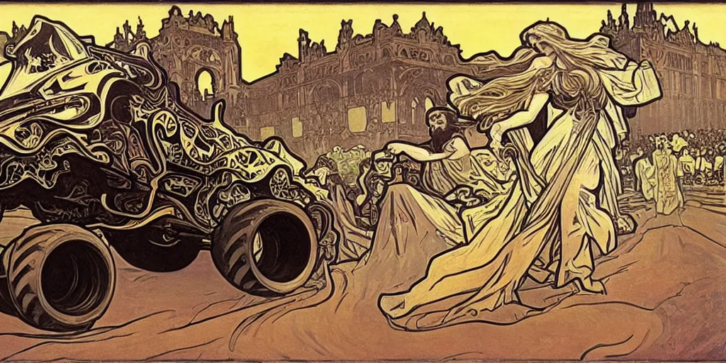 Image similar to monster truck rally, Alphonse Mucha