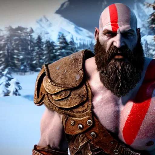 Prompt: god of war kratos beard strong viking old golden armor in snow walking 8 k, unreal engine 5