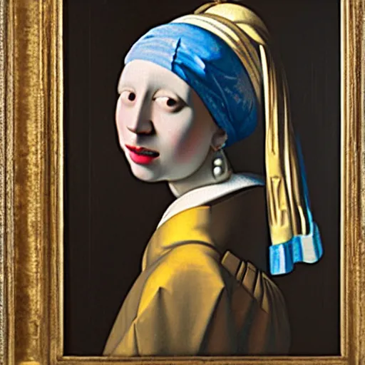 Prompt: An oil painting tronie of a European girl wearing an exotic gold dress, an oriental blue and gold turban, and a very large pearl as an earring, against a dark background, by Johannes Vermeer, 1665.