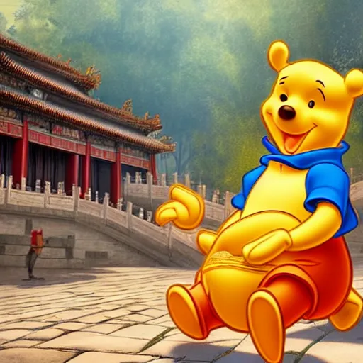 Image similar to winnie the pooh explores the forbidden city in china, award winning photgraphy, extremely detailed artstation 8 k sensual lighting epic composition