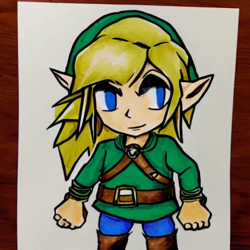Image similar to a cute link from zelda in the style of pen, ink and watercolor