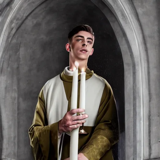 Image similar to attractive kai havertz wearing priest outfit holding large detailed ivory candlestick. natural lighting by ruan jia, portrait. 8 k high definition