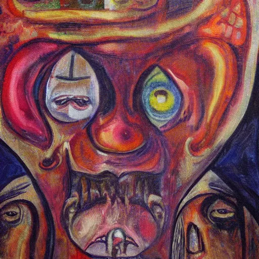 Image similar to portre of an autistic demon on acid, masonic and kabalistic symbols in background, oil painting