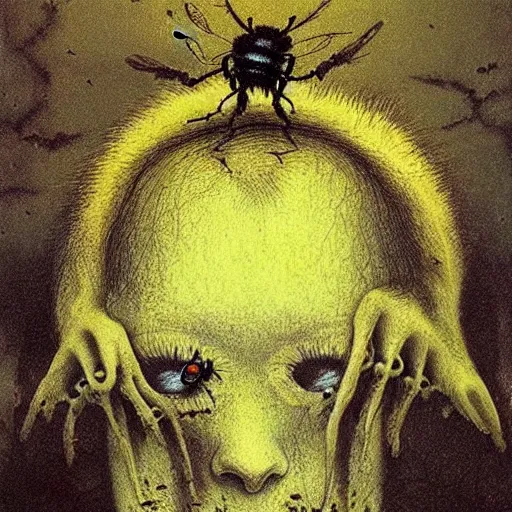 Image similar to horrifying bee, nightmare beksinski, eldritch, apocalypse, creepy creature, horror spooky