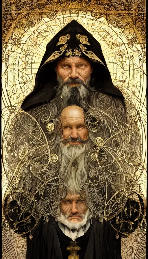 Image similar to an old man with a light, a black cloak and a white beard, highly detailed, very intricate, art nouveau, gold filigree, left right symmetry, tarot concept art watercolor illustration by mandy jurgens and alphonse mucha and alena aenami, featured on artstation