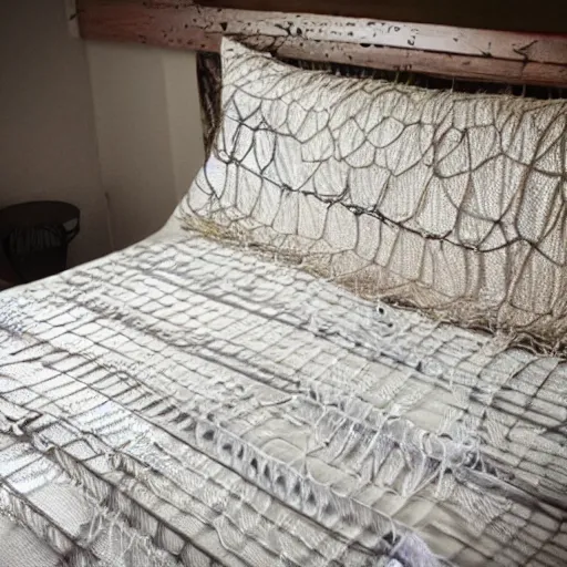 Image similar to bed made entirely of spider webs. pillow made of spider webs. blanket made of spider webs. detailed beautiful photography. intricate. photorealistic.