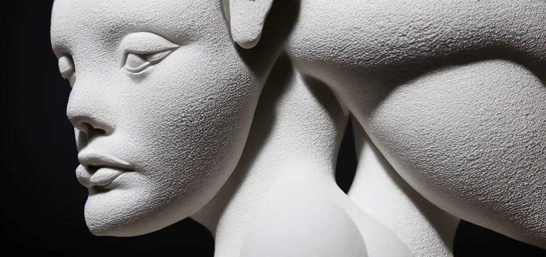 Image similar to symmetry!! full beautiful female porcelain sphinx body sculpture by daniel arsham and raoul marks, intricate, elegant, highly detailed, digital painting, artstation, smooth, sharp focus, all black features on a black background, delicate facial features, golden ratio composition, interconnected, liquid composition, conceptual sculpture, global lighting