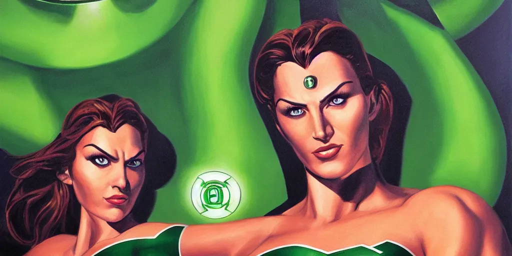 Image similar to Female portrait of Green Lantern in the morning sun, Alex Ross, oil painting