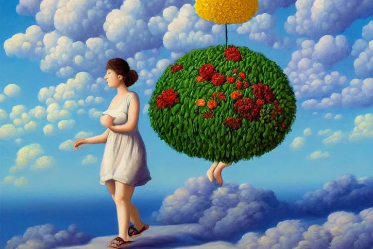 Image similar to giant flower head, woman walking, surreal, clouds in sky, impressionist painting, digital painting, artstation, rob gonsalves