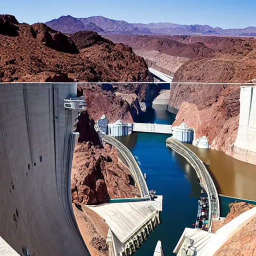 Prompt: looking down at the Hoover Dam and Lake Mead and the Colorado River, the Dam is covered with scaffolding and informal settlements hanging along the sides, windows illuminated, in style of Norman Foster, cinematic lighting, light rays, ultra realistic, photorealistic, volumetric lighting, photography