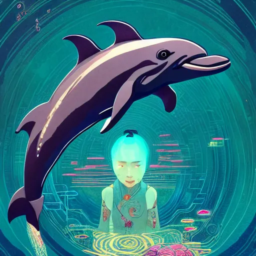 Image similar to a beautiful hyperdetailed character design 4 k wallpaper illustration of a cute dolphin, victo ngai cyberpunk style, from china, style of studio ghibli, makoto shinkai, raphael lacoste, louis comfort tiffany, artgerm, james jean, ross tran, chinese style