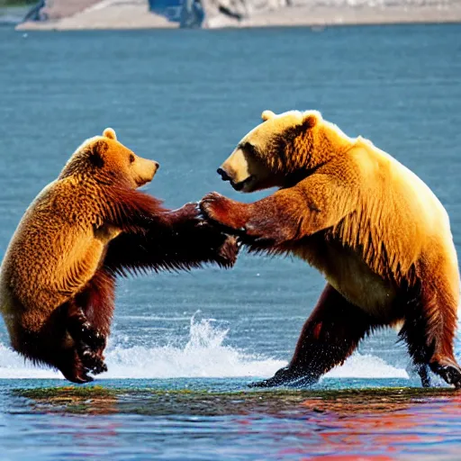 Image similar to kodiak bears kung - fu fighting on a lakefront using salmon as weapons, in the style of the flintstones, hanna - barbera.