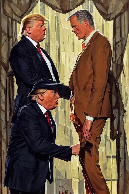 Image similar to donald trump and jeffrey epstein, painting by jc leyendecker!! phil hale!, angular, brush strokes, painterly, vintage, crisp