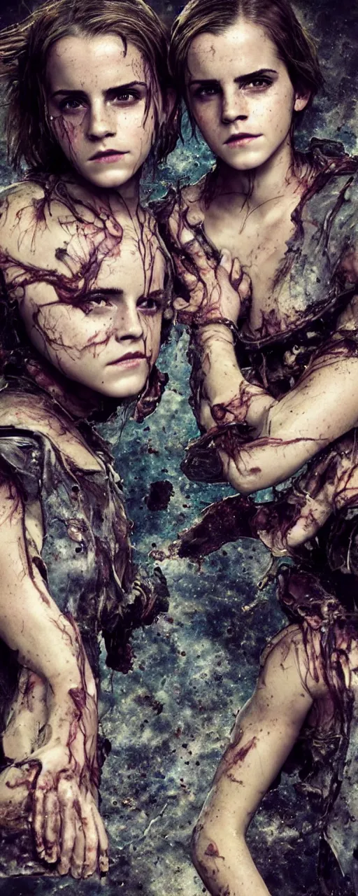 Prompt: Emma Watson conjoined closeup angry tired fighting yelling warface face iridescent vascular nerve bundles pearlescent spinal chord fractal armour twinned conjoined sisters action poses dishevelled photorealistic portrait grimy sweating bloody oily wet face dirty t-shirt and torn jeans in broken biomechanical fractal armour abandoned exploding sci-fi gas station, dark and dim atmospheric smog trending on artstation 8k matte painting, dramatic lighting, dramatic shadows professional photograph by Patrick Demarchelier