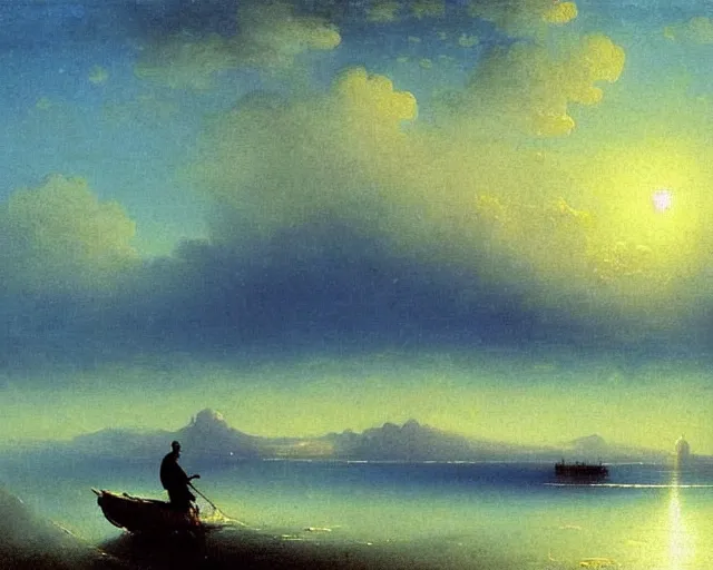 Image similar to A slightly silhouetted figure of a man with a guitar, clouds that look like mountains the clouds are a deep blue purple color with the sun blazing behind the clouds, art by Ivan Aivazovsky