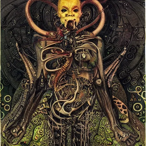 Prompt: depraved cybernetic demon, lsd, mushrooms, circuitry, intricate detail, klimt, frazetta, giger,