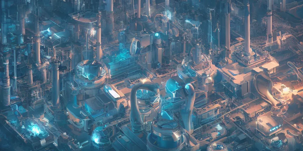 Prompt: aerial view of a futuristic combined cycle powerplant, led lights, high technology, starcraft, dark atmosphere, mattepainting concept Blizzard pixar maya engine on stylized background splash comics global illumination lighting artstation lois van baarle, ilya kuvshinov, rossdraws