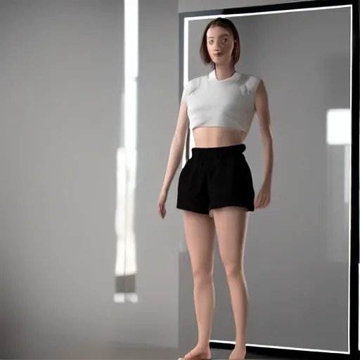 Image similar to a woman in a crop top and shorts, standing in a room with mirrors on every surface, reflections, shiny, highly detailed, 8k, octane render, hyperrealistic