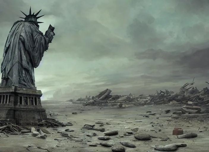 Image similar to a Photorealistic dramatic hyperrealistic render of a ruined destroyed decayed statue of liberty on a desolate beach in a post-apocalyptic world, futuristic nuclear apocalyptic planet of the apes vibe, by WLOP and Artgerm and Greg Rutkowski and Alphonse Mucha, Beautiful dynamic dramatic dark moody lighting, shadows, cinematic atmosphere, Artstation, concept design art, Octane render, 8K, masterpiece