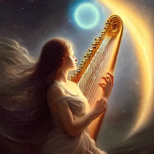 Prompt: a high quality realistic portrait of a very very beautiful! celestial interdimensional goddess playing a mystical harp and springing life into the universe, highly detailed, intricate, sharp focus, fantasy, mystical, dreamlike, cinematic lighting by WLOP and greg rutkowski