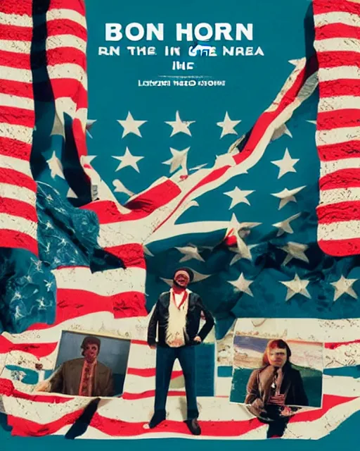 Prompt: Born in the USA album art, re-imagined by Wes Anderson