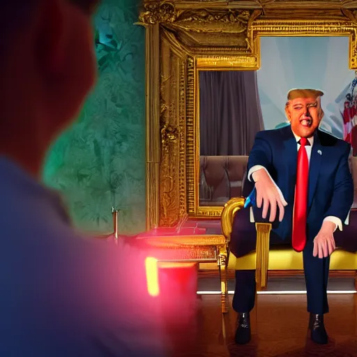 Image similar to Donald Trump flossing fornite dance, fullbody, ultra high detailed, glowing lights, oil painting, unreal 5, DAZ, hyperrealistic, octane render, RPG portrait, dynamic lighting, fantasy art