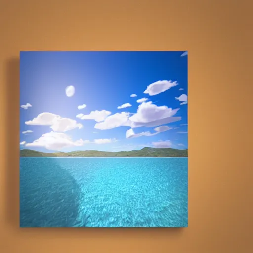 Prompt: abstract 3 d geometric shapes above sea, sea line, sunny sky, vray render