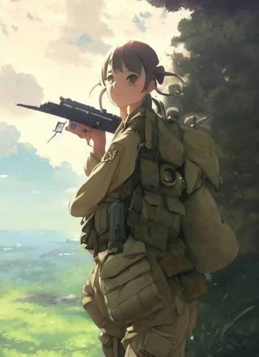 Prompt: portrait of cute soldier girl, cloudy sky background lush landscape illustration concept art anime key visual trending pixiv fanbox by wlop and greg rutkowski and makoto shinkai and studio ghibli and kyoto animation soldier clothing military gear realistic anatomy