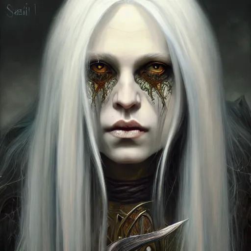Prompt: portrait painting of a witch elf with long grey hair, sharp focus, award - winning, trending on artstation, masterpiece, highly detailed, intricate. art by seb mckinnon