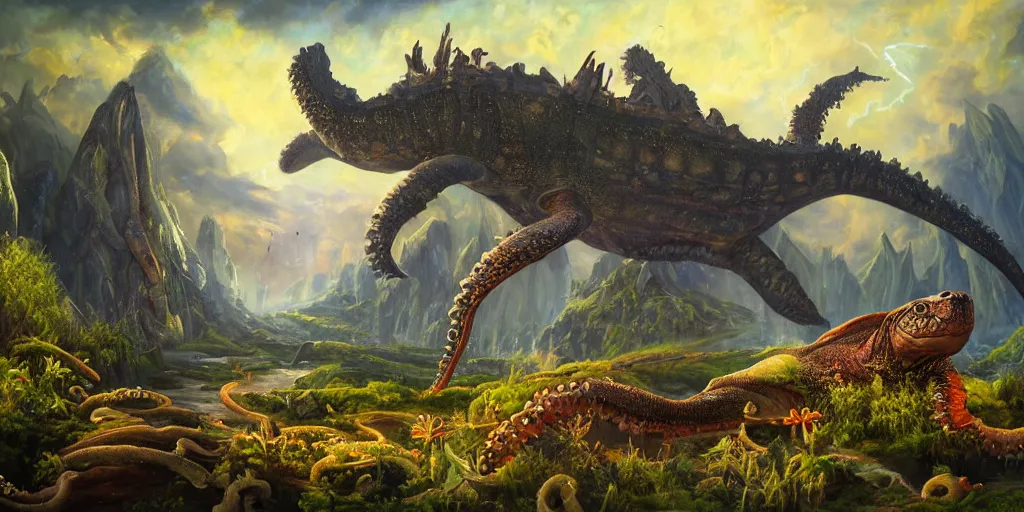 Image similar to fantasy oil painting, great leviathan, cybernetic turtle cephalopod terrapin reptilian pachyderm squid, bella hadid, hybrid, milla jovovich, anubis, epic natural light, lush plants flowers, spectacular mountains, bright clouds, luminous sky, outer worlds, golden hour, michael cheval, edward hopper, michael whelan, vray, hd