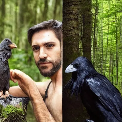 Image similar to !!! chimera consisting of male human and crow, photograph captured in a forest