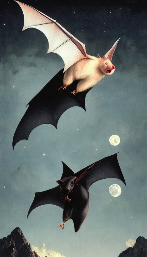 Image similar to hyper realistic white fruit bat, flying against a dark black night sky, mountain in the background, moonlight, denoised, very detailed, painted by, norman rockwell, tom bagshaw