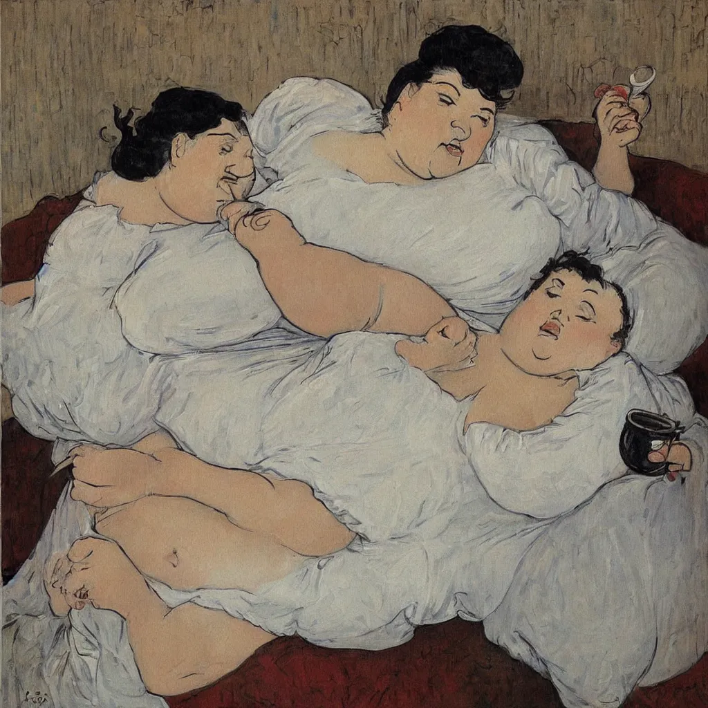 Image similar to a beautiful painting of a beautiful fat woman drinking coffee in a bed with white sheets drinking coffee in the style of telous lautrec