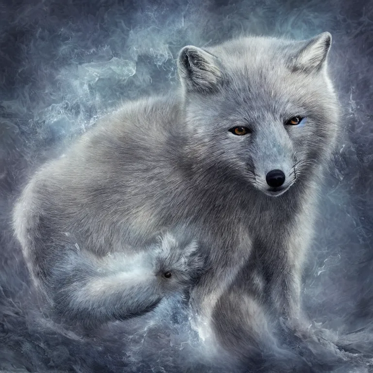Image similar to hyperrealistic surrealistic arctic fox bring ice and fire and destruction to the world photorealistic symmetrical detailed fractal